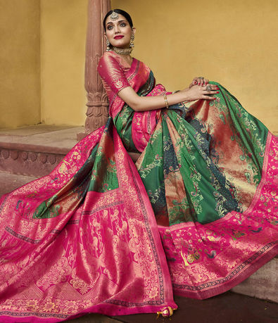 Peony Pink Kanjeevaram Saree with contrasting Green blouse - Sanjeeva  Shetty Heirloom