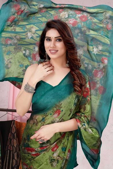 Buy Green Chiffon Embroidered Floral Saree With Unstitched Blouse Piece For  Women by Priyal Bhardwaj Online at Aza Fashions.