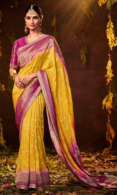 Yellow Purple Zari Pure Katan Banarasi Sari – Kasturi Kundal