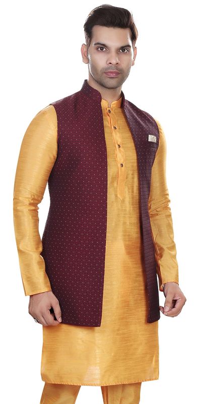 Men's Beige plain Kurta with Maroon Nehru Jacket and Beige Pyjama Set –  Sanwara Fashions