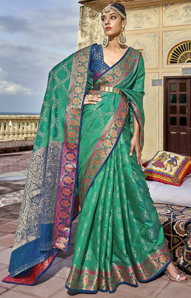 Peacock Green Satin Georgette Heavy Thread Embroidered lace work Saree with  Embroidered Blouse » BRITHIKA Luxury Fashion
