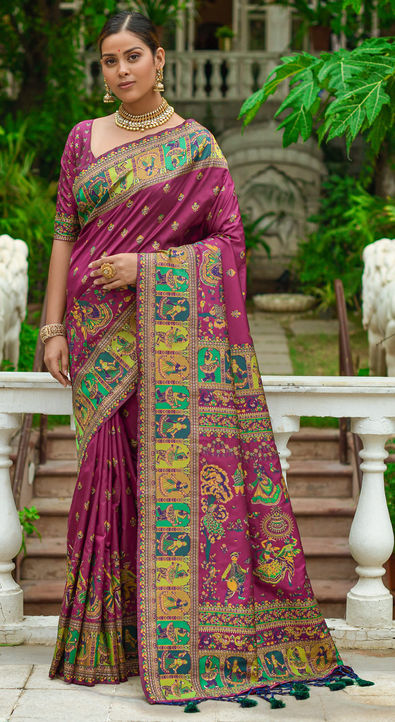  Indian Selections - Purple Art Silk Saree Sari Fabric India  Golden Border : Clothing, Shoes & Jewelry