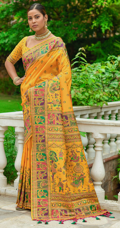 Yellow color banarasi silk saree with golden zari weaving work