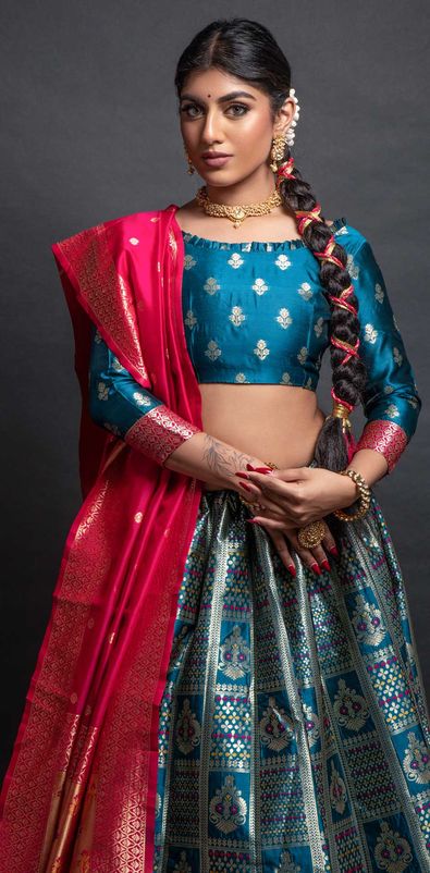 Blue and Red Banarasi Semi Stitched Lehenga with Raw Silk Embroidery Blouse  | Lehenga, Embroidery blouse, Raw silk