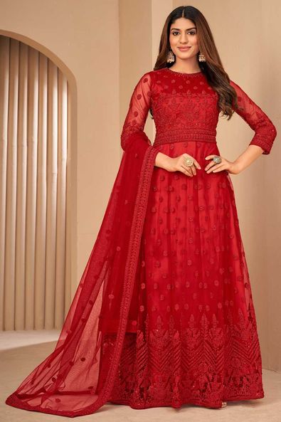 Plain Georgette Anarkali Suit in Red : KJN2436