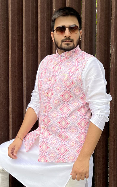 Buy Pink and White Festival Viscose Kurta Payjama With Jacket Online -