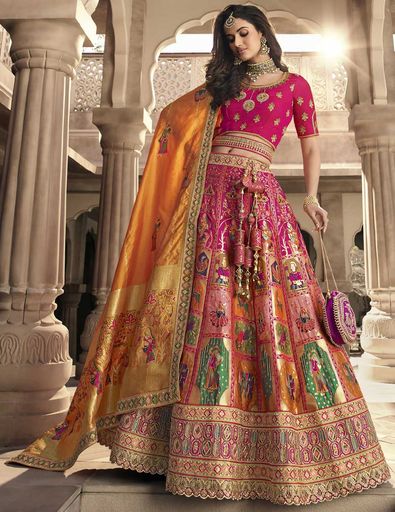 Engagement, Mehendi Sangeet, Party Wear, Reception, Wedding Orange, Pink  and Majenta color Banarasi Silk fabric Lehenga : 1861006