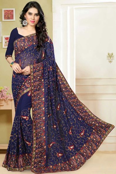 Anand Sarees Women's Bhagalpuri Blue Printed Georgette Saree with Blouse  Piece (1630_1) : Amazon.in: Fashion