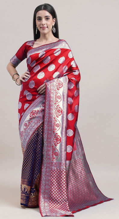 Small border plain Pata saree is silver and red color.