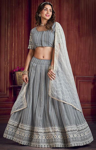 Dove Grey Banarasi Jacquard Silk Half Saree Lehenga – Shopgarb Store