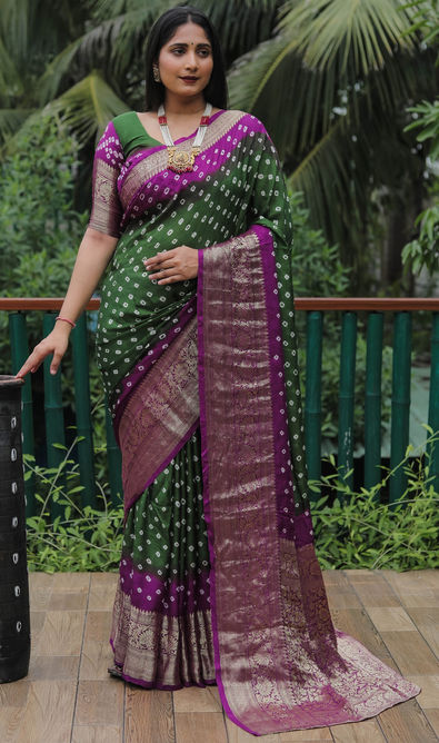 Stunning Mehandi Green Colour Saree With Magenta Border & Heavy Brocad –  garment villa