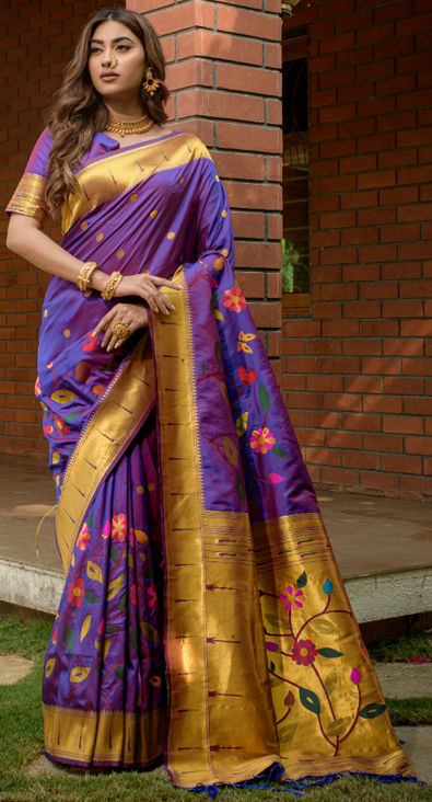  Indian Selections - Purple Art Silk Saree Sari Fabric India  Golden Border : Clothing, Shoes & Jewelry