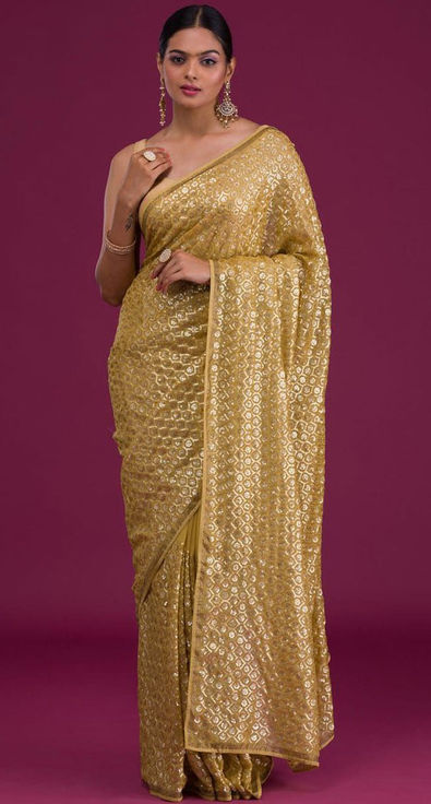 Buy Yellow Fully Sequined Georgette Party Wear Saree from EthnicPlus.