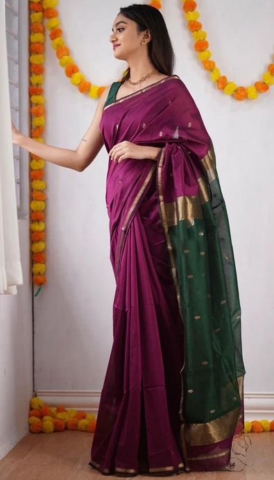 Purple Pure Soft Silk Saree With Copper And Golden Zari Weaved Border –  Aashthafab