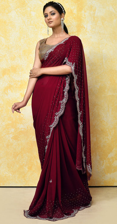 Buy Wine Satin Saree With Stone Embellishment Online in the USA @Mohey -  Saree for Women