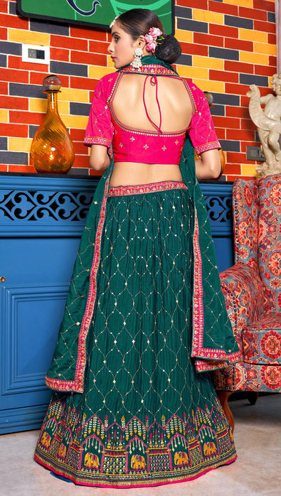 Baby Pink Blouse with Mint Mirror Work Lehenga - Shrena Hirawat - East  Boutique