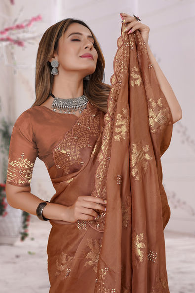 Buy Designer Bridal Party Saree - Chocolate Brown Applique Net Saree –  Empress Clothing