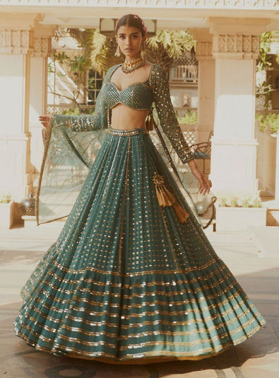 Buy Elegant Sea Green Sequins Work Silk Ready-Made Crop Top Lehenga At Zeel  Clothing