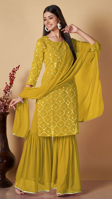 Georgette Party Wear Salwar Kameez in Yellow with Resham work