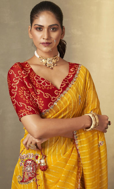 Yellow & Red Patola Silk With Swarovski Work on Saree and Customised Blouse  for Stylish Designer Indian Sari - Etsy