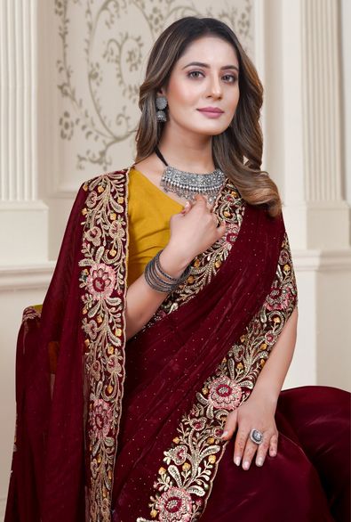 Buy Maroon Saree Pure Katan Silk Sweetheart Neck With Blouse For Women by  Neha & Tarun Online at Aza Fashions.