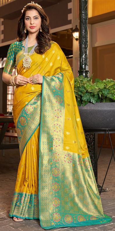 Mango Yellow color silk sarees with digital kalamkari printed with jacquard  weaving pattu border design -SILK0006817