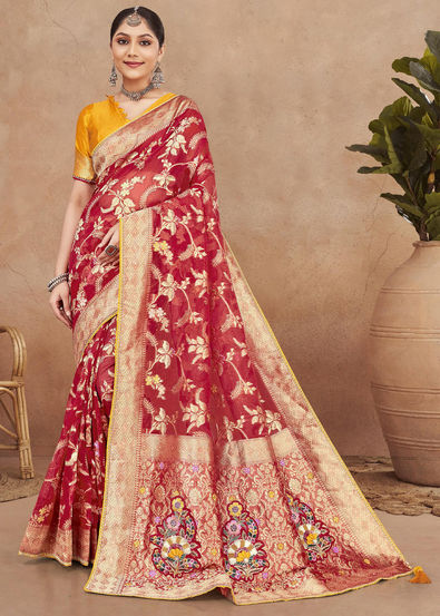 Buy Designer Red Indian Wedding Banarasi Silk Saree SROBW14704 –  ShreeFashionWear