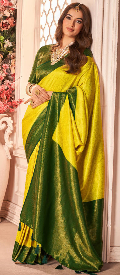 Yellow Green Organza Saree with Zardozi Border - Palki Boutique