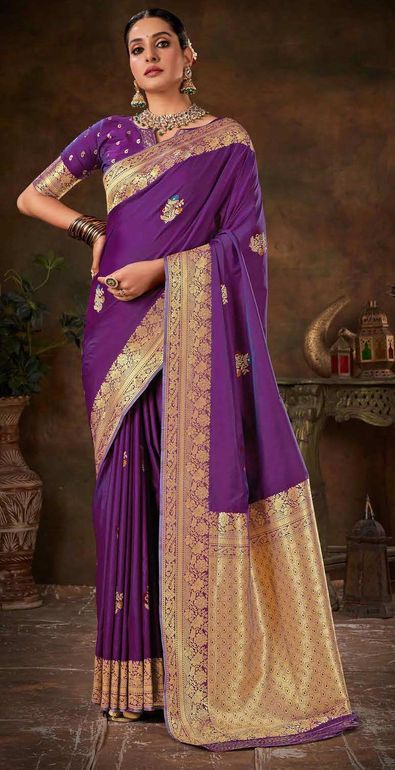 Purple Satin Silk Saree - L (+$15) / Yes / Yes