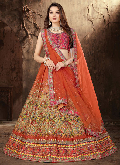 Orange Color Sequins Zari Embroidery Lehenga - Rent