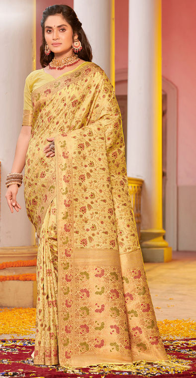 Vestigial Yellow Banarasi Silk Saree With Breathtaking Blouse Piece – TULIP  DESIGNER