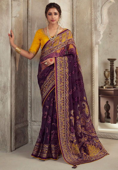 Jayanti Reddy Embroidered Dark Purple Raw Silk Saree With Stitched Blo –  Nykaa Fashion