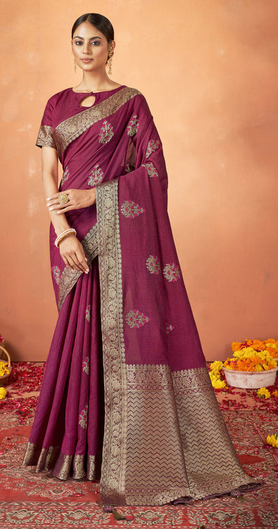 Desinger maroon colour raw silk saree