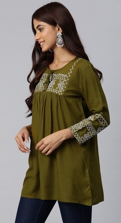 Rayon Summer Tops and Shirts in Green with Thread work