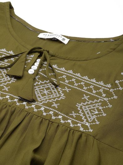 Rayon Summer Tops and Shirts in Green with Thread work