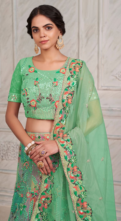 Green Color Wedding Wear Silk Jari Thread Work Lehenga – fashionnaari