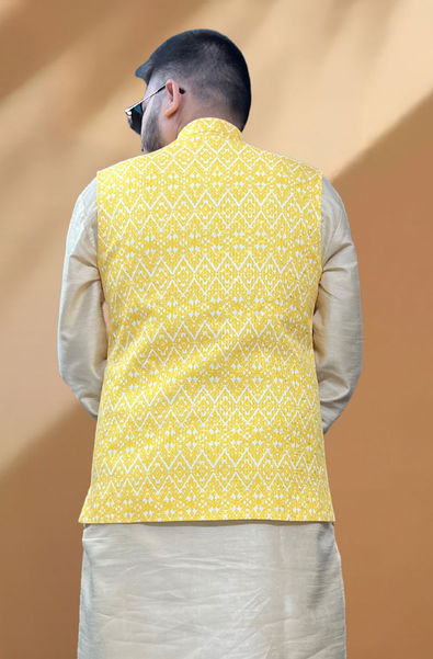 Yellow Kurta Pajama & Woven Nehru Jacket For Men 886MW07