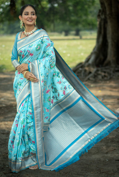 Off White Blue and Pink Ombre Printed Soft Satin Silk Saree | TST | The Silk  Trend