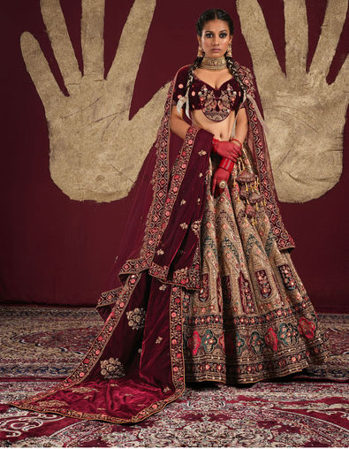 Brown Color Thread Work Bridal Lehenga