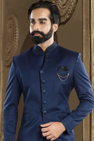 Blue color Brocade fabric Jodhpuri Suit : 507761