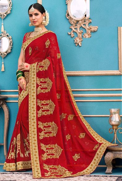 Sai Prem Saree » JALNIDHI KUMKUM NEW SPECIAL RED & PILLA BANDHANI WITH HEAVY  WORK BORDER SAREES CATALOGUE