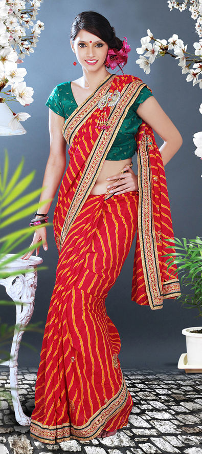 Green & Red Art Silk Bandhani Saree With Jacquard – Cygnus Fashion