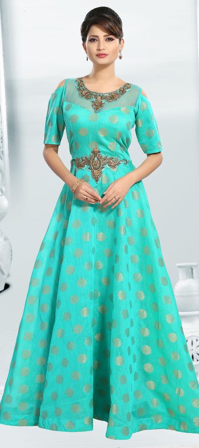Stylish Hand Work Designer Green Color Festive Wear Chanderi Silk Gown