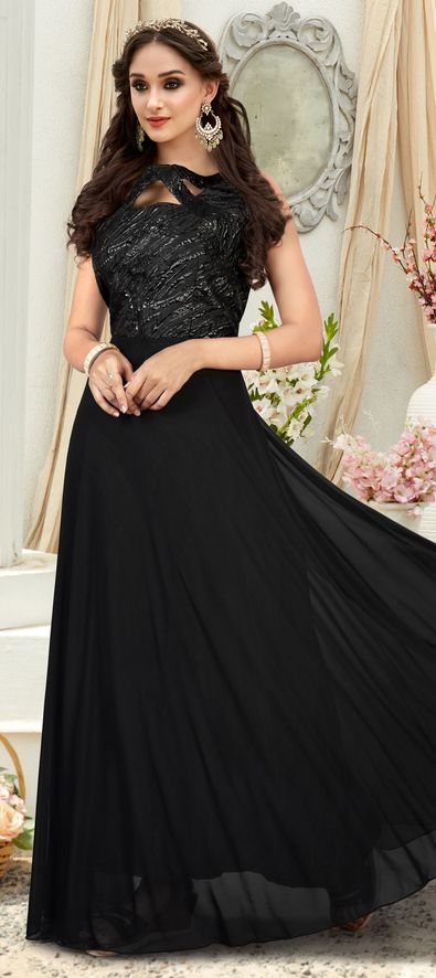 Black plain georgette semi stitching party-wear-gowns - FABFIRKI FASHION  HUB - 443210