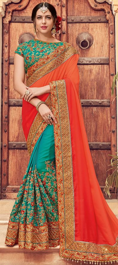 Pista Green and Orange Half N Half Designer Traditional Saree