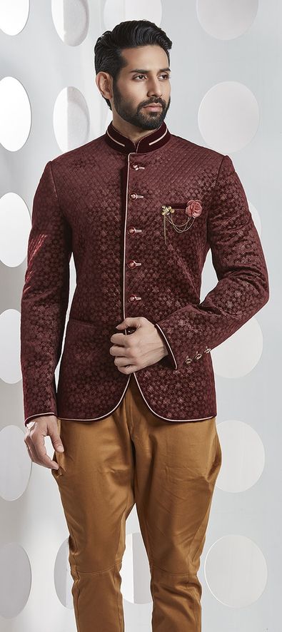 Engaging Wine Color Readymade Rayon Fabric Jodhpuri Suit