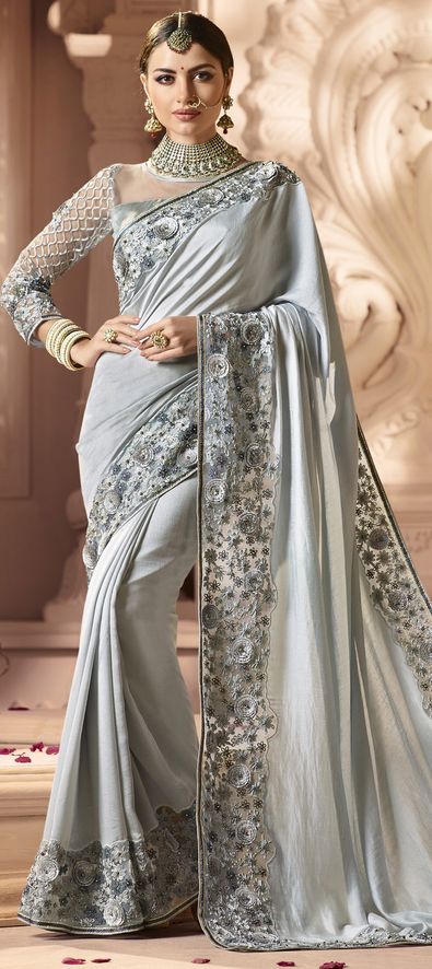 Silver & Dark Purple Net Embroidered Saree Set Design by Kashmiraa at  Pernia's Pop Up Shop 2024