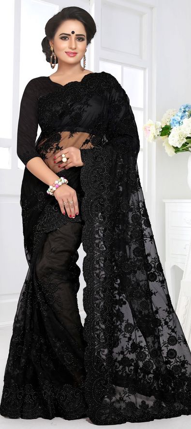Black Lace Saree with Stone Work