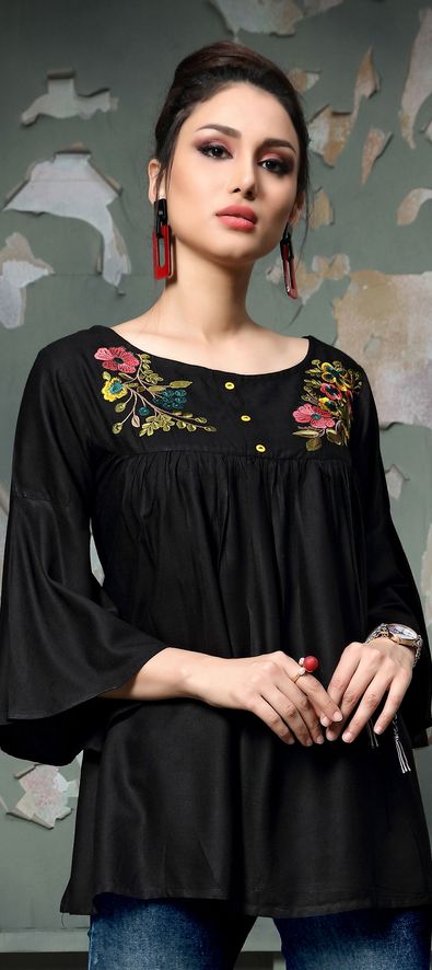 Rayon Casual Tops and Shirts in Black and Grey with Embroidered work