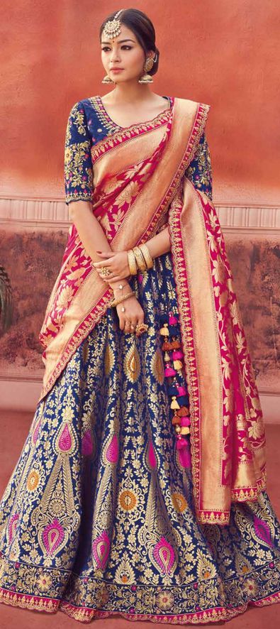 Shop Blue Art Silk Banarasi Stone Work Umbrella Lehenga Wedding Wear Online  at Best Price | Cbazaar